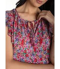 Liverpool Los Angeles Stretch Woven Print V-Neck Tassel Tie Flutter Sleeve Top