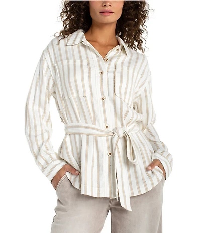 Liverpool Los Angeles Stripe Jacquard Point Collar Long Sleeve Belted Shacket