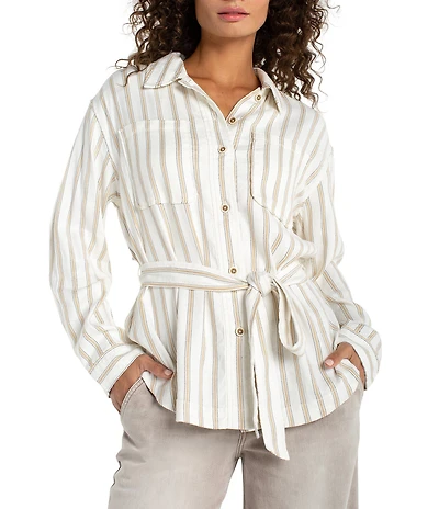Liverpool Los Angeles Stripe Jacquard Point Collar Long Sleeve Belted Shacket