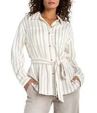 Liverpool Los Angeles Stripe Jacquard Point Collar Long Sleeve Belted Shacket