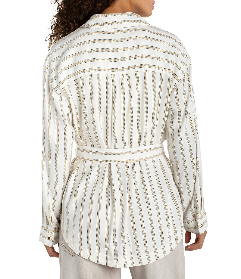 Liverpool Los Angeles Stripe Jacquard Point Collar Long Sleeve Belted Shacket