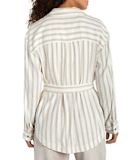 Liverpool Los Angeles Stripe Jacquard Point Collar Long Sleeve Belted Shacket