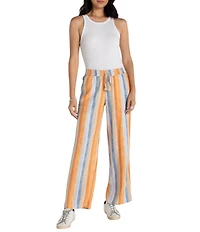 Liverpool Los Angeles Stripe Stretch Linen Blend Mid Rise Wide Leg Full length Pants
