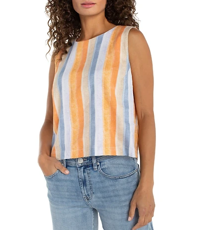 Liverpool Los Angeles Stripe Stretch Linen Blend Round Neck Sleeveless Top