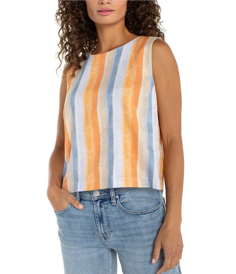 Liverpool Los Angeles Stripe Stretch Linen Blend Round Neck Sleeveless Top