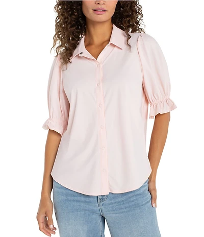 Liverpool Los Angeles Tech Knit Spread Collar Elbow-Length Puff Sleeve Button-Front Shirt