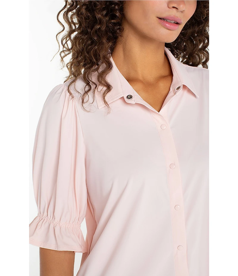 Liverpool Los Angeles Tech Knit Spread Collar Elbow-Length Puff Sleeve Button-Front Shirt