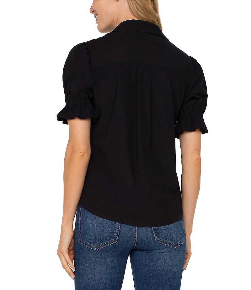 Liverpool Los Angeles Tech Knit Spread Collar Elbow-Length Puff Sleeve Button-Front Shirt