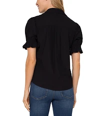 Liverpool Los Angeles Tech Knit Spread Collar Elbow-Length Puff Sleeve Button-Front Shirt