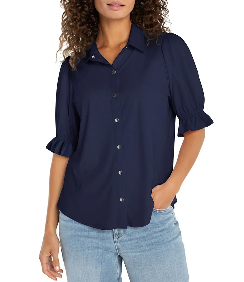 Liverpool Los Angeles Tech Knit Spread Collar Elbow-Length Puff Sleeve Button-Front Shirt