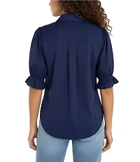 Liverpool Los Angeles Tech Knit Spread Collar Elbow-Length Puff Sleeve Button-Front Shirt