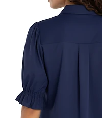 Liverpool Los Angeles Tech Knit Spread Collar Elbow-Length Puff Sleeve Button-Front Shirt