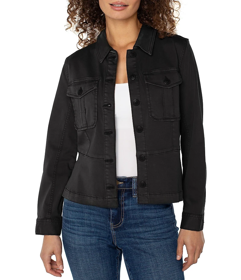 Liverpool Los Angeles Twill Point Collar Long Sleeve Button Front Peplum Trucker Jacket