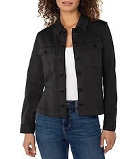 Liverpool Los Angeles Twill Point Collar Long Sleeve Button Front Peplum Trucker Jacket