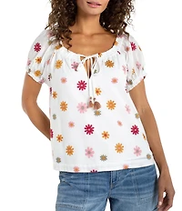 Liverpool Los Angeles Voile Embroidered Scoop Neck Short Sleeve Top