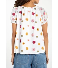 Liverpool Los Angeles Voile Embroidered Scoop Neck Short Sleeve Top