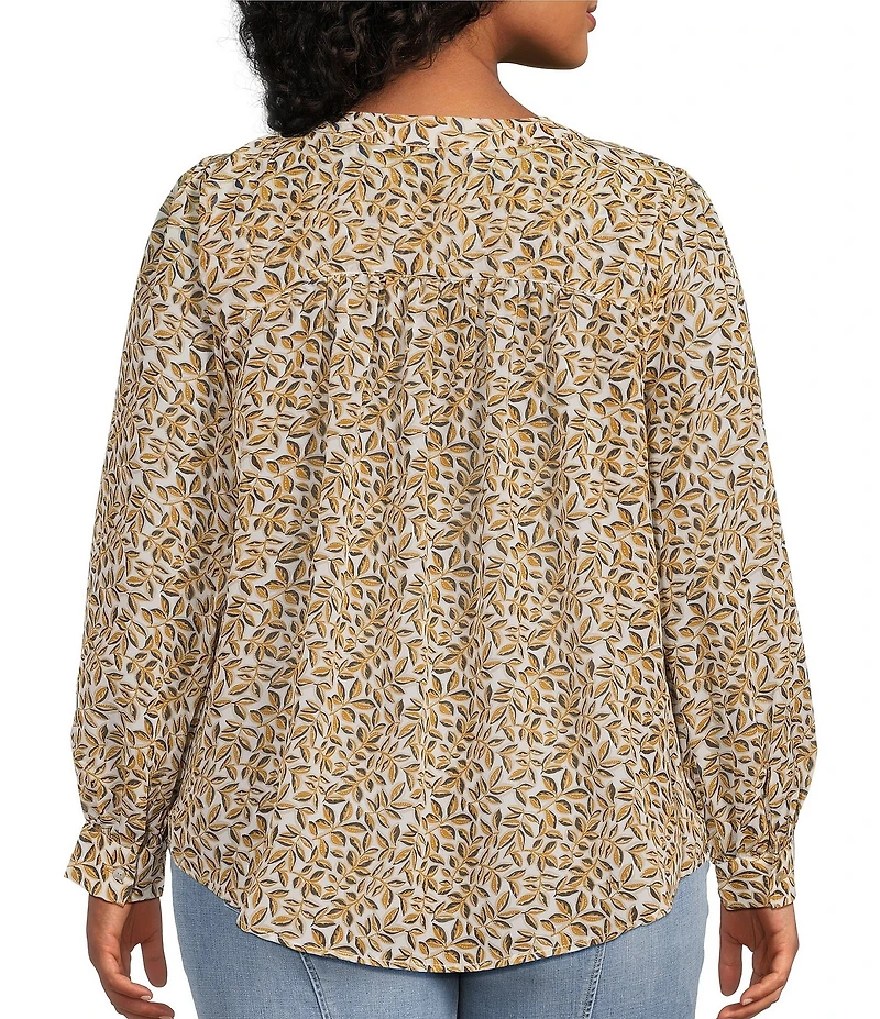 Liverpool Los Angeles Plus Size Woven Ditsy Lace-Up V-Neck Long Sleeve Top