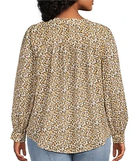 Liverpool Los Angeles Plus Size Woven Ditsy Lace-Up V-Neck Long Sleeve Top