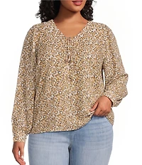 Liverpool Los Angeles Plus Size Woven Ditsy Lace-Up V-Neck Long Sleeve Top