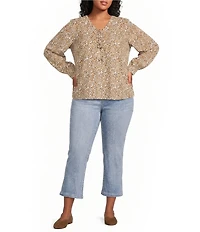 Liverpool Los Angeles Plus Size Woven Ditsy Lace-Up V-Neck Long Sleeve Top