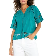 Liverpool Los Angeles Woven Embroidered Lace V-Neck Short Sleeve Top