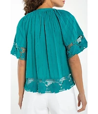 Liverpool Los Angeles Woven Embroidered Lace V-Neck Short Sleeve Top