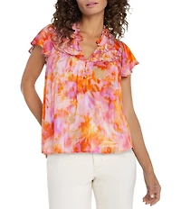 Liverpool Los Angeles Woven Floral Print V-Neck Short Flutter Sleeve Blouse