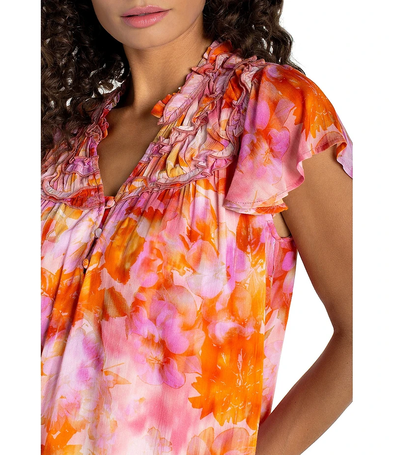 Liverpool Los Angeles Woven Floral Print V-Neck Short Flutter Sleeve Blouse