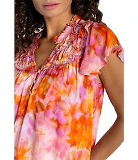 Liverpool Los Angeles Woven Floral Print V-Neck Short Flutter Sleeve Blouse