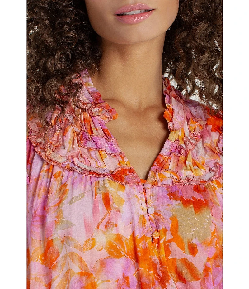 Liverpool Los Angeles Woven Floral Print V-Neck Short Flutter Sleeve Blouse