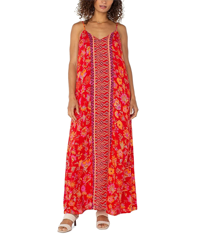 Liverpool Los Angeles Woven Floral Print V-Neck Sleeveless A-Line Maxi Dress