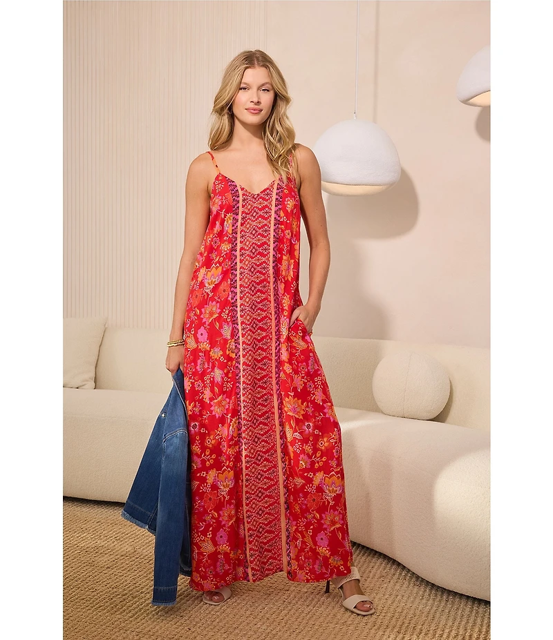 Liverpool Los Angeles Woven Floral Print V-Neck Sleeveless A-Line Maxi Dress