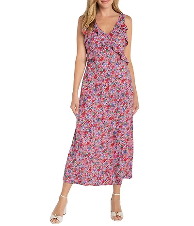 Liverpool Los Angeles Woven Floral Print V-Neck Sleeveless Ruffle Maxi A-Line Dress