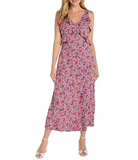Liverpool Los Angeles Woven Floral Print V-Neck Sleeveless Ruffle Maxi A-Line Dress