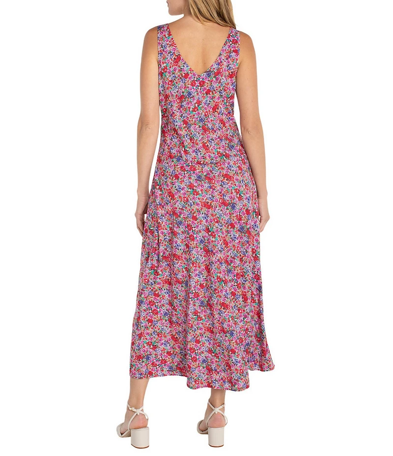Liverpool Los Angeles Woven Floral Print V-Neck Sleeveless Ruffle Maxi A-Line Dress