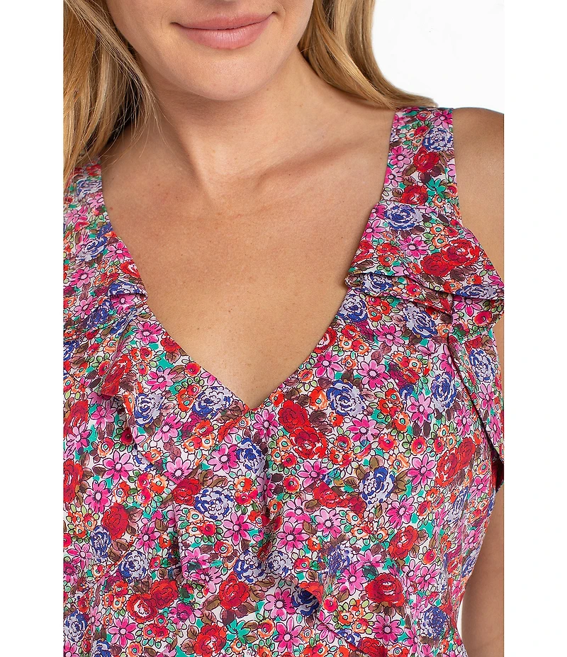 Liverpool Los Angeles Woven Floral Print V-Neck Sleeveless Ruffle Maxi A-Line Dress