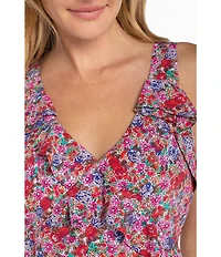 Liverpool Los Angeles Woven Floral Print V-Neck Sleeveless Ruffle Maxi A-Line Dress