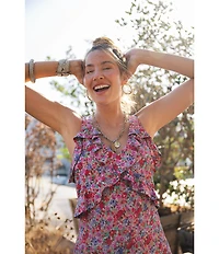 Liverpool Los Angeles Woven Floral Print V-Neck Sleeveless Ruffle Maxi A-Line Dress