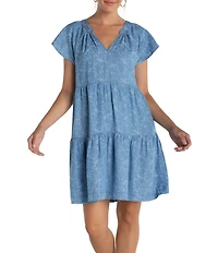 Liverpool Los Angeles Woven Jacquard Print V-Neck Short Sleeve Dress