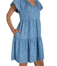 Liverpool Los Angeles Woven Jacquard Print V-Neck Short Sleeve Dress