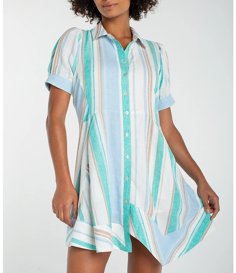 Liverpool Los Angeles Woven Muti Stripe Point Collar Short Sleeve Shirt Dress