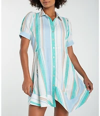 Liverpool Los Angeles Woven Muti Stripe Point Collar Short Sleeve Shirt Dress