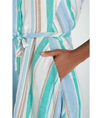 Liverpool Los Angeles Woven Muti Stripe Point Collar Short Sleeve Shirt Dress