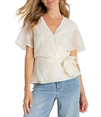 Liverpool Los Angeles Woven Organza V-Neck Short Sleeve Tie Top
