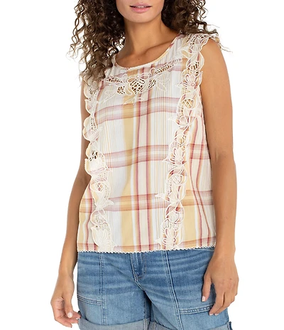 Liverpool Los Angeles Woven Plaid Scoop Neck Cap Sleeve Embroidered Top