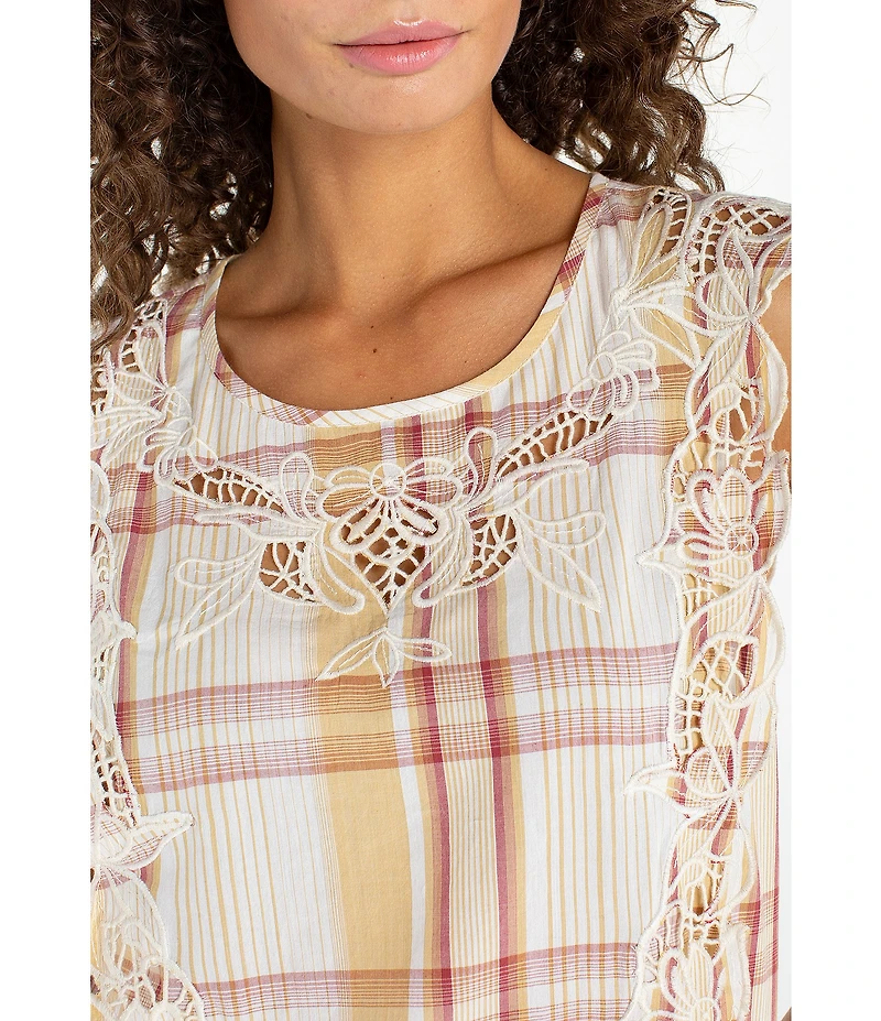 Liverpool Los Angeles Woven Plaid Scoop Neck Cap Sleeve Embroidered Top