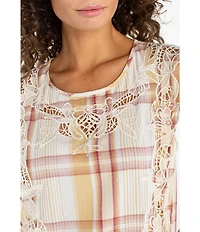 Liverpool Los Angeles Woven Plaid Scoop Neck Cap Sleeve Embroidered Top