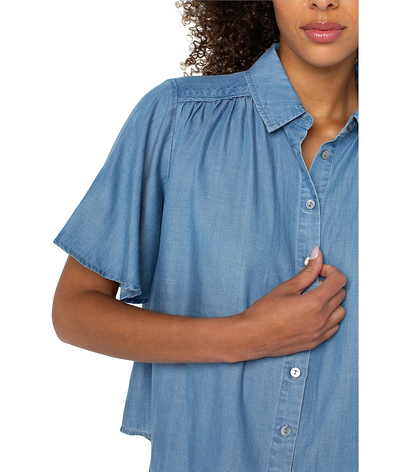 Liverpool Los Angeles Woven Point Collar Short Flutter Sleeve Button-Front Blouse