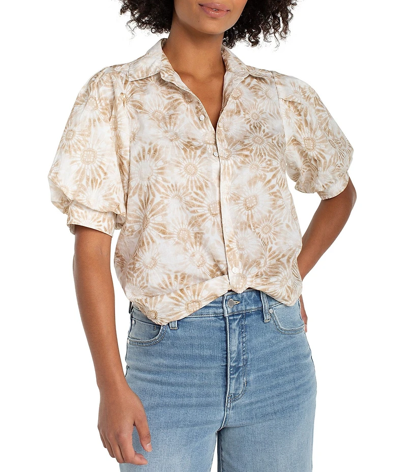 Liverpool Los Angeles Woven Poplin Print Point Collar Short Sleeve Top