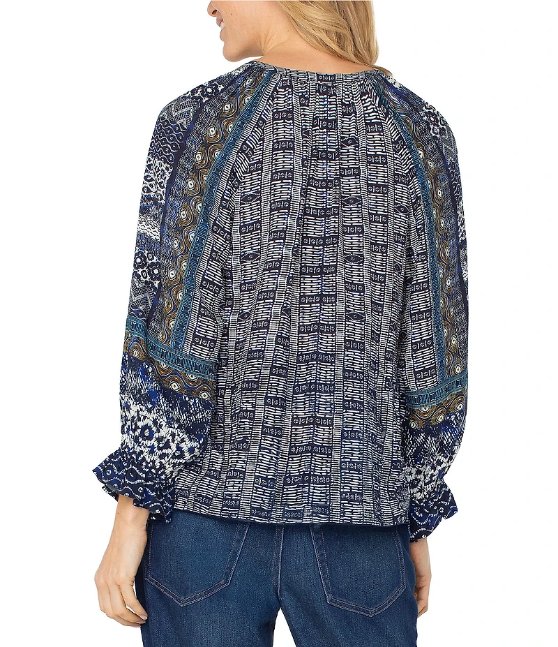 Liverpool Los Angeles Woven Printed Split V-Neck 3/4 Sleeve Button Front Blouse